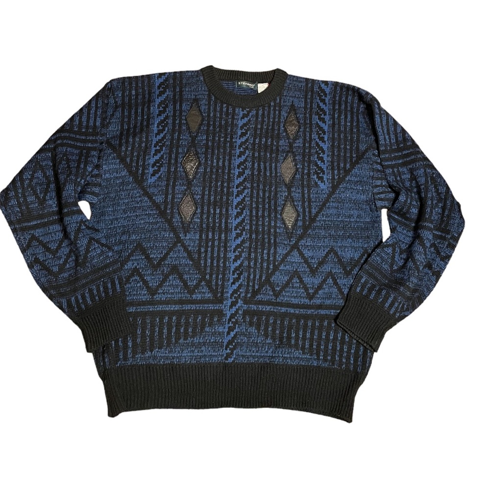 Vintage 90’s Faux leather 3D Patches Geo Grandpa Sweater Blue